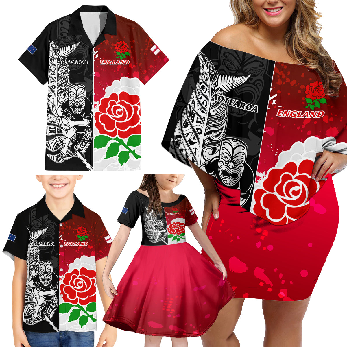 Custom New Zealand And England Rugby Family Matching Off Shoulder Short Dress and Hawaiian Shirt 2023 World Cup All Black Combine Red Roses - Wonder Print Shop