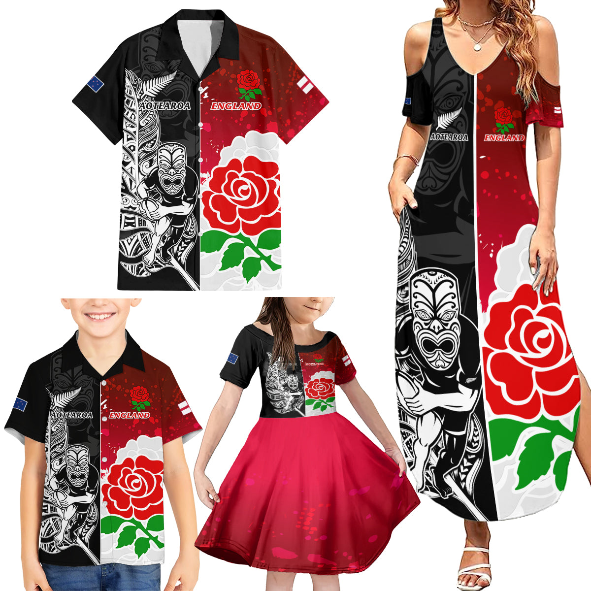 Custom New Zealand And England Rugby Family Matching Summer Maxi Dress and Hawaiian Shirt 2023 World Cup All Black Combine Red Roses - Wonder Print Shop