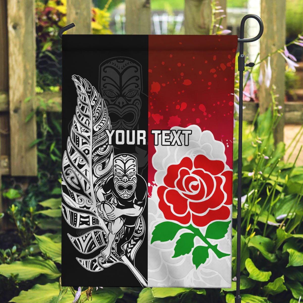 Custom New Zealand And England Rugby Garden Flag 2023 World Cup All Black Combine Red Roses - Wonder Print Shop