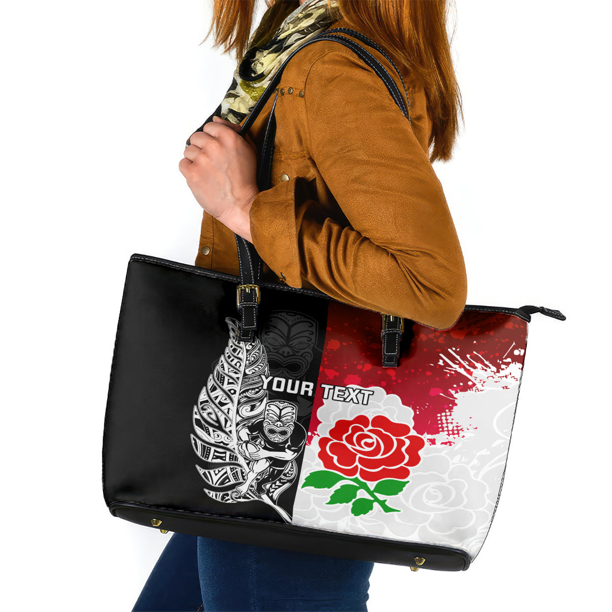 Custom New Zealand And England Rugby Leather Tote Bag 2023 World Cup All Black Combine Red Roses - Wonder Print Shop