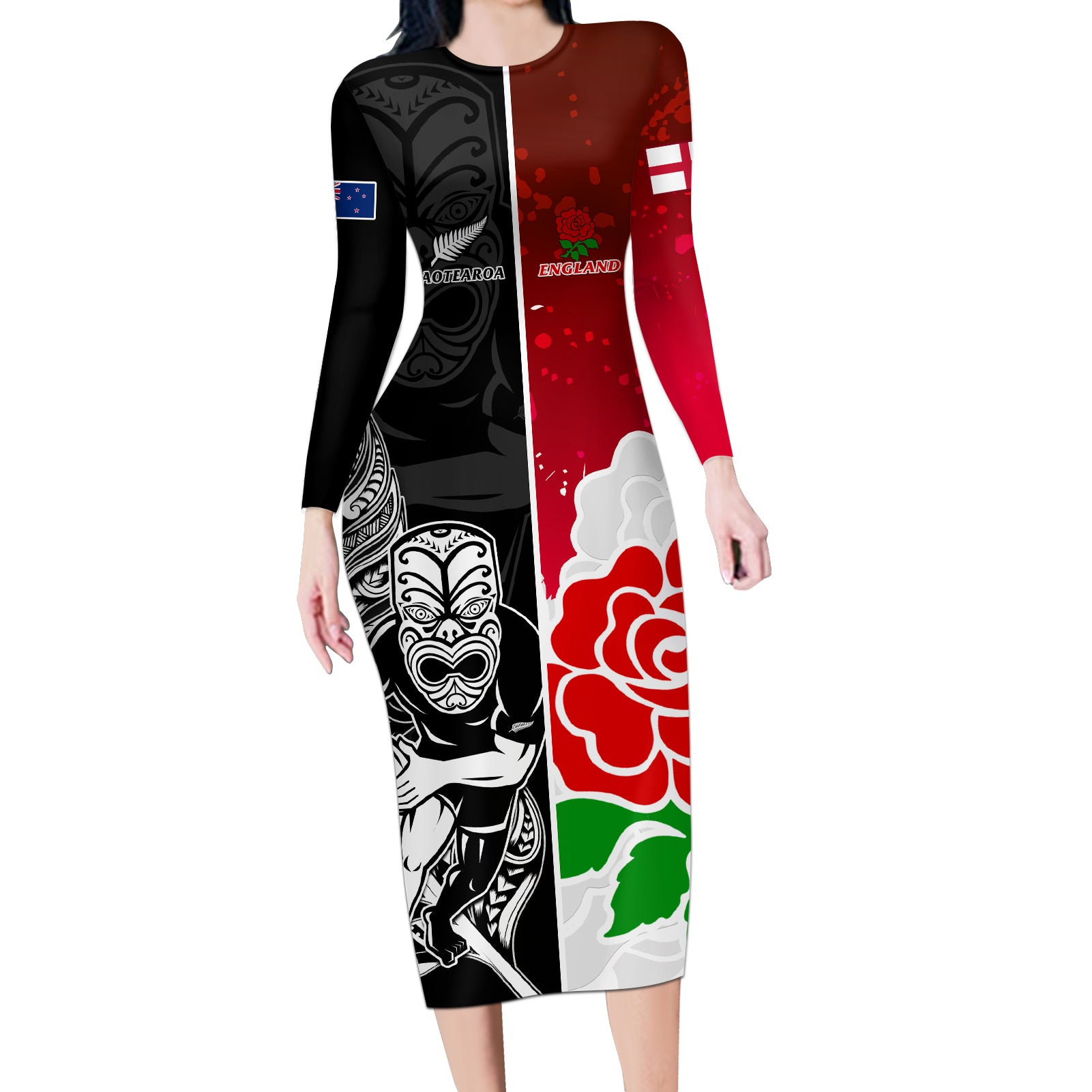 Custom New Zealand And England Rugby Long Sleeve Bodycon Dress 2023 World Cup All Black Combine Red Roses - Wonder Print Shop