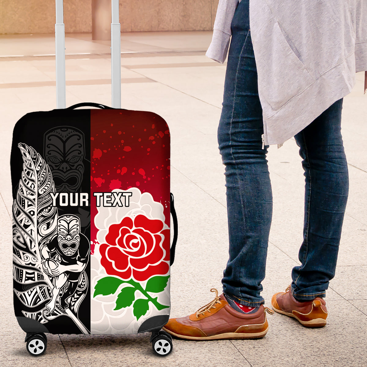 Custom New Zealand And England Rugby Luggage Cover 2023 World Cup All Black Combine Red Roses - Wonder Print Shop