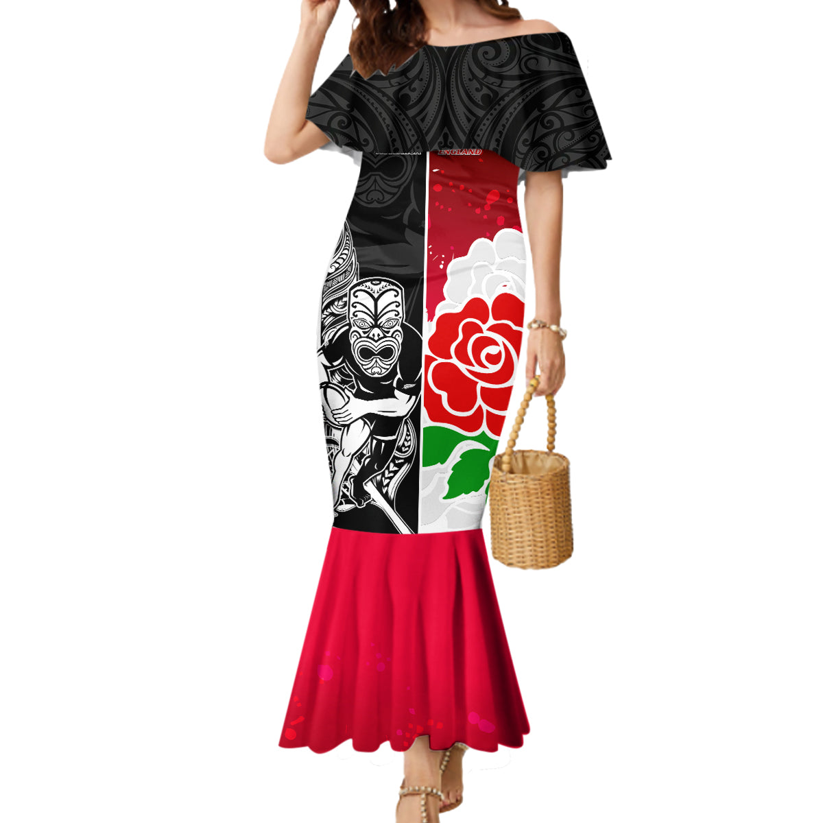 Custom New Zealand And England Rugby Mermaid Dress 2023 World Cup All Black Combine Red Roses - Wonder Print Shop