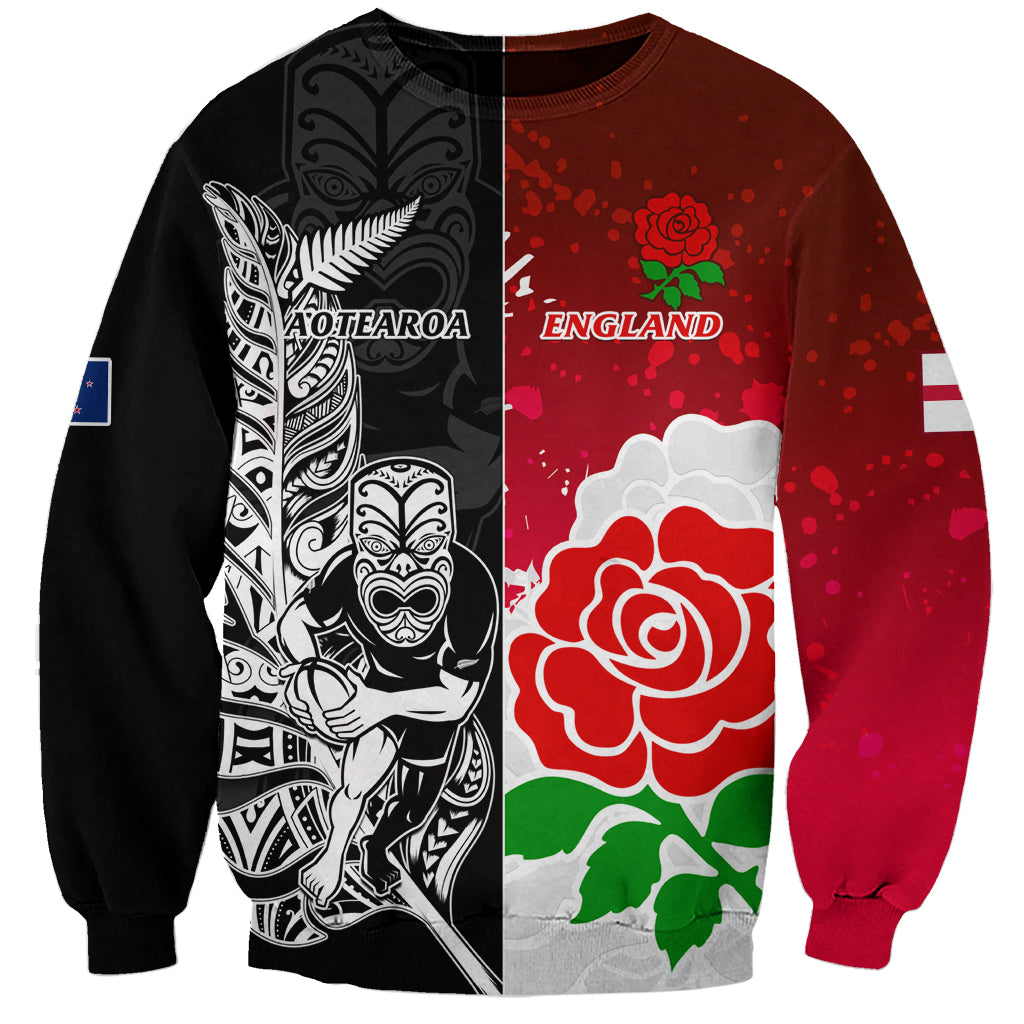 Black rugby sweatshirt with red England rose graphic and NZ pattern sleeves