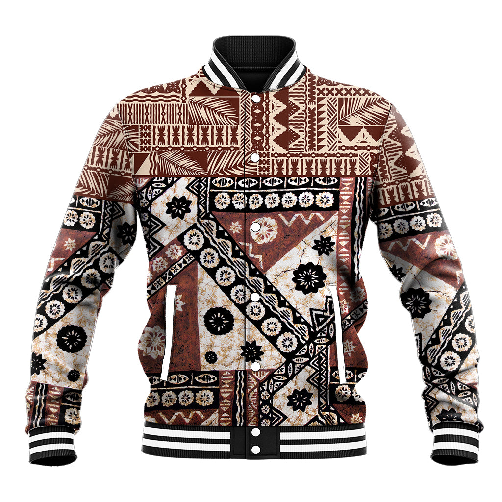 Brown patterned baseball jacket with button front, striped ribbed collar and cuffs