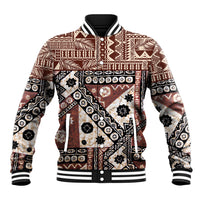 Brown patterned baseball jacket with button front, striped ribbed collar and cuffs