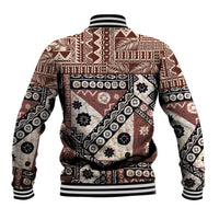 Back view of brown patterned baseball jacket with striped ribbed hem and cuffs