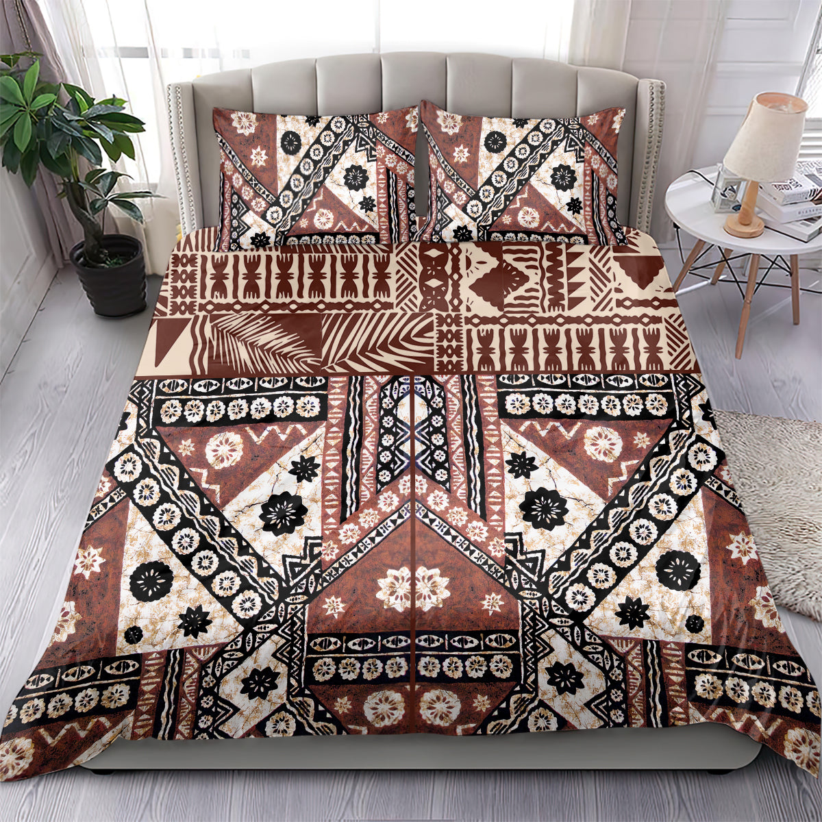 Brown geometric bedding set with tapa-inspired duvet cover and 2 pillowcases