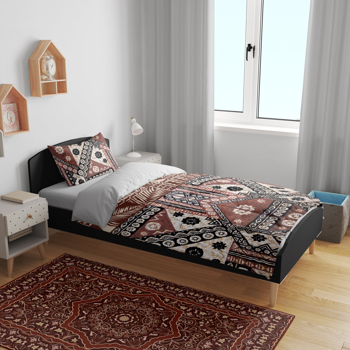 Brown tapa-inspired bedding set with patterned duvet cover and 2 pillowcases on bed
