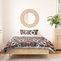 Brown tapa-pattern bedding set with duvet cover and 2 pillowcases, geometric patchwork