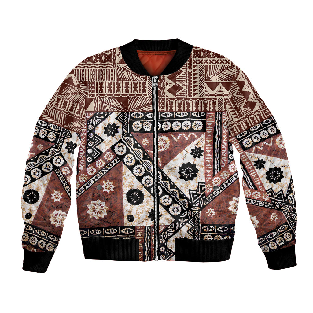 Brown bomber jacket with black ribbed collar, zip front, bold geometric tapa pattern