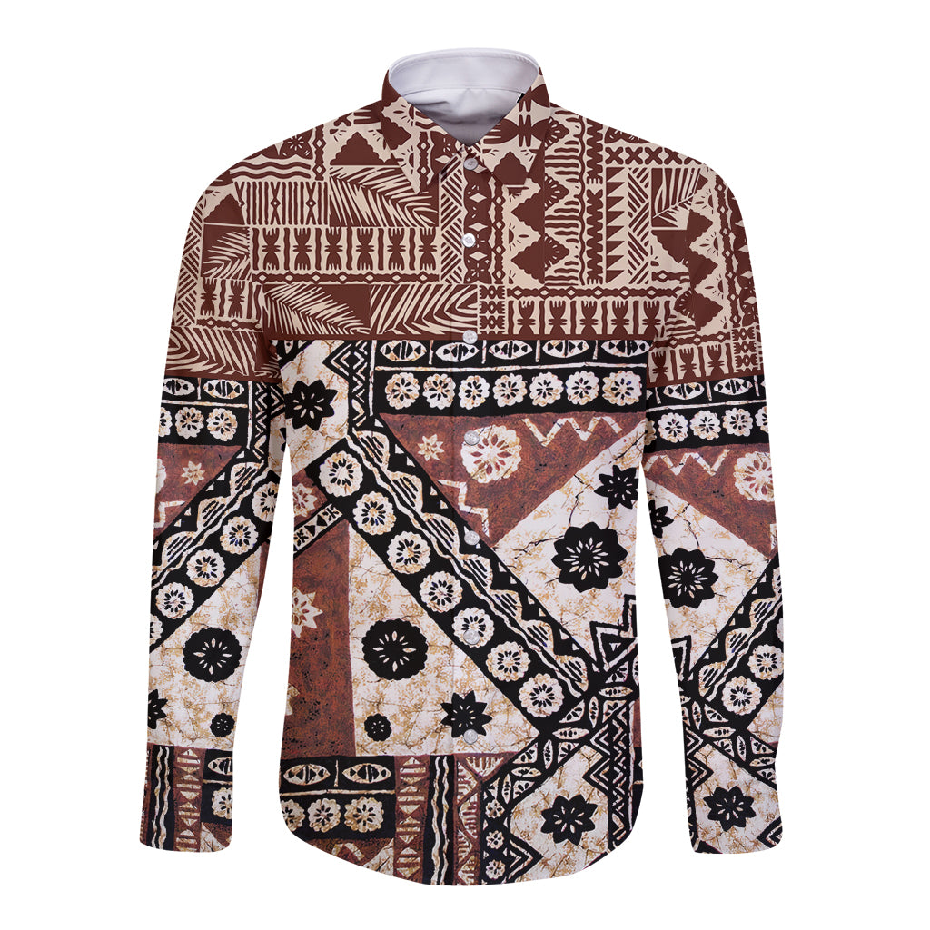 Brown long-sleeve button shirt with bold geometric and floral tapa-style pattern