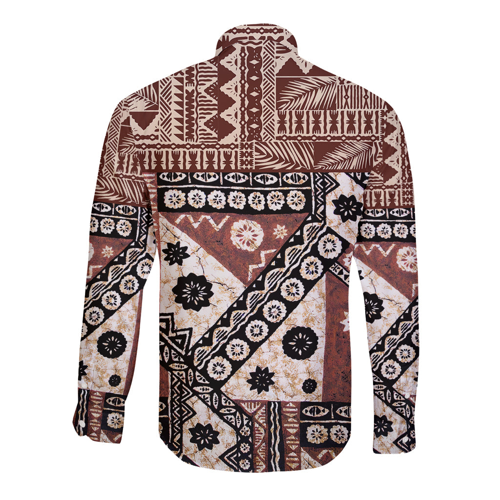 Brown long-sleeve button shirt, back view, geometric tapa-style print with floral motifs