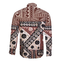 Brown long-sleeve button shirt, back view, geometric tapa-style print with floral motifs