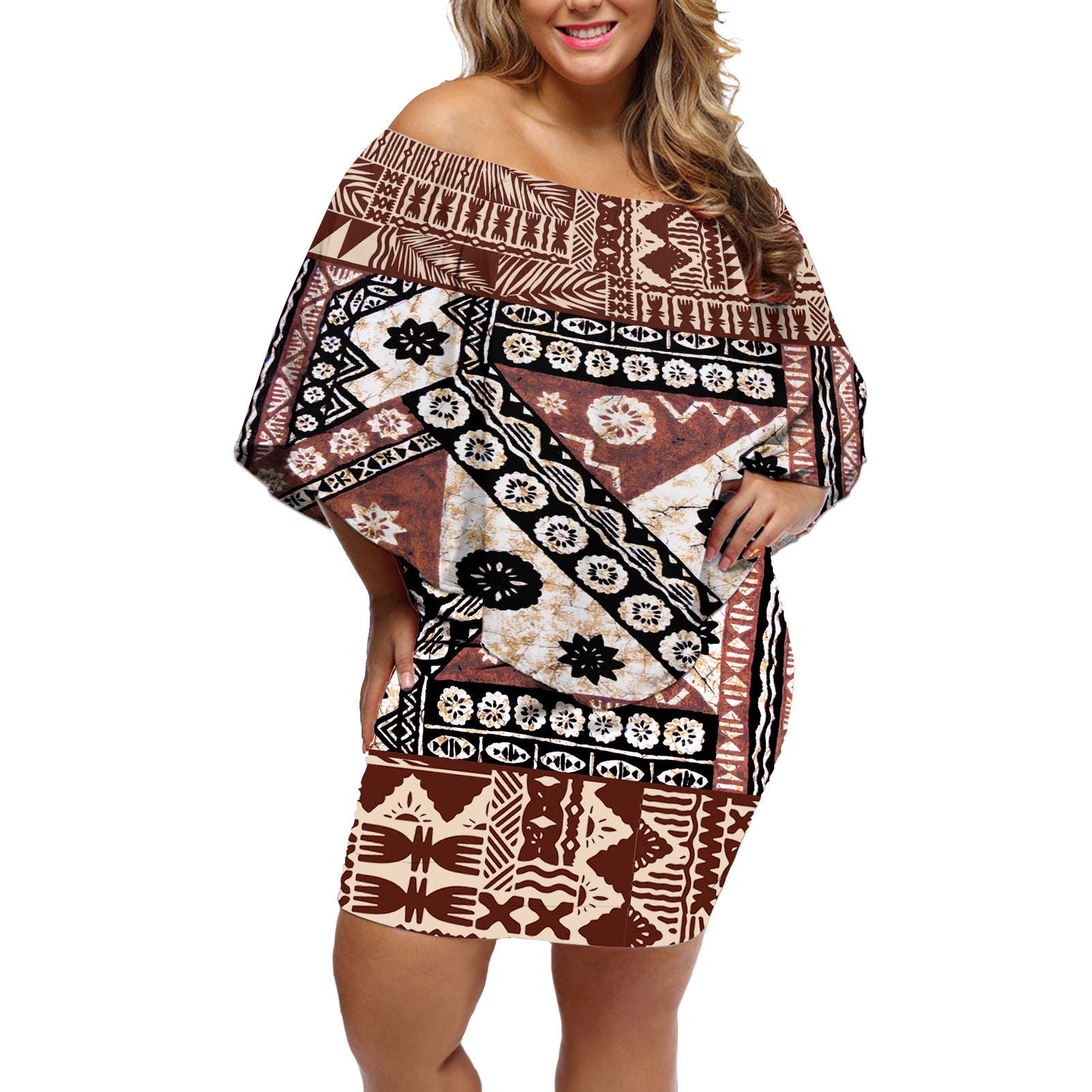 Bula Fiji Off Shoulder Short Dress Unique Masi Tapa Pattern - Wonder Print Shop