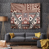 Brown and white masi tapa pattern wall tapestry with bold geometric zigzags and bands