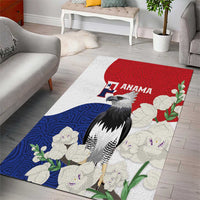 Rectangular area rug with Panama eagle design in red, blue, and white with flowers