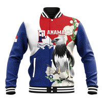 Red, blue and white baseball jacket with button front, striped ribbed collar, harpy eagle graphic