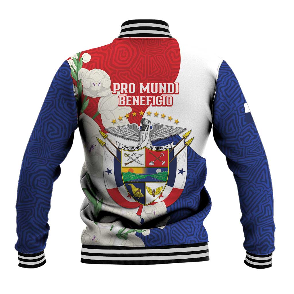 Red, blue and white baseball jacket with harpy eagle crest graphic on back