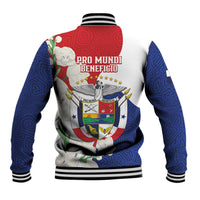 Red, blue and white baseball jacket with harpy eagle crest graphic on back