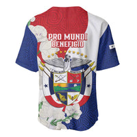 Red, blue and white baseball jersey with harpy eagle crest and mola-style pattern