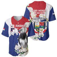 Flag-style baseball jersey with blue sleeves, white body, Panama text and harpy eagle