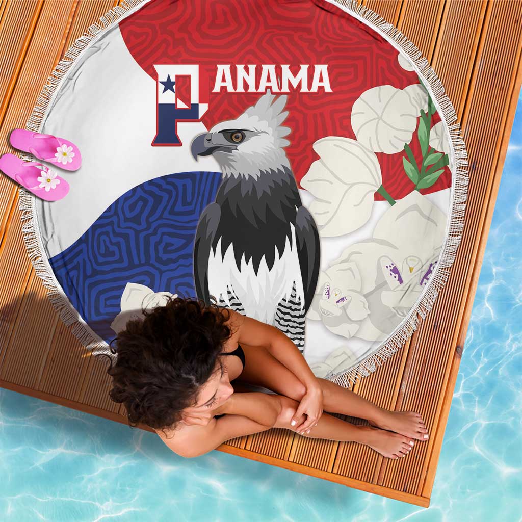 Panama flag beach blanket with harpy eagle and floral Mola design, round with fringe edge