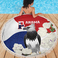 Round beach blanket featuring Panama flag, harpy eagle center graphic, floral Mola pattern, fringe