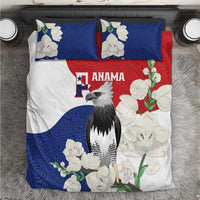 Bedding set with harpy eagle motif, blue swirl panels, red and white floral accents