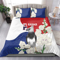 Harpy eagle bedding set with blue patterned pillowcases and red-and-white flag style cover