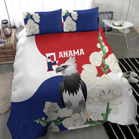 Harpy eagle duvet and pillow set with blue swirl fabric, red top band, white flowers