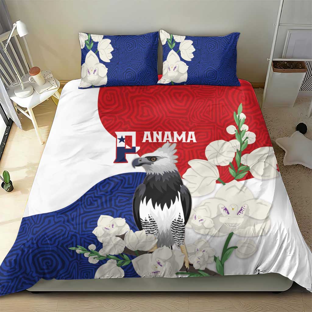 Harpy eagle themed bedding set featuring blue swirl, red banner, and white flower details