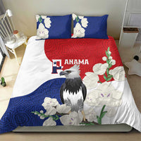 Harpy eagle themed bedding set featuring blue swirl, red banner, and white flower details