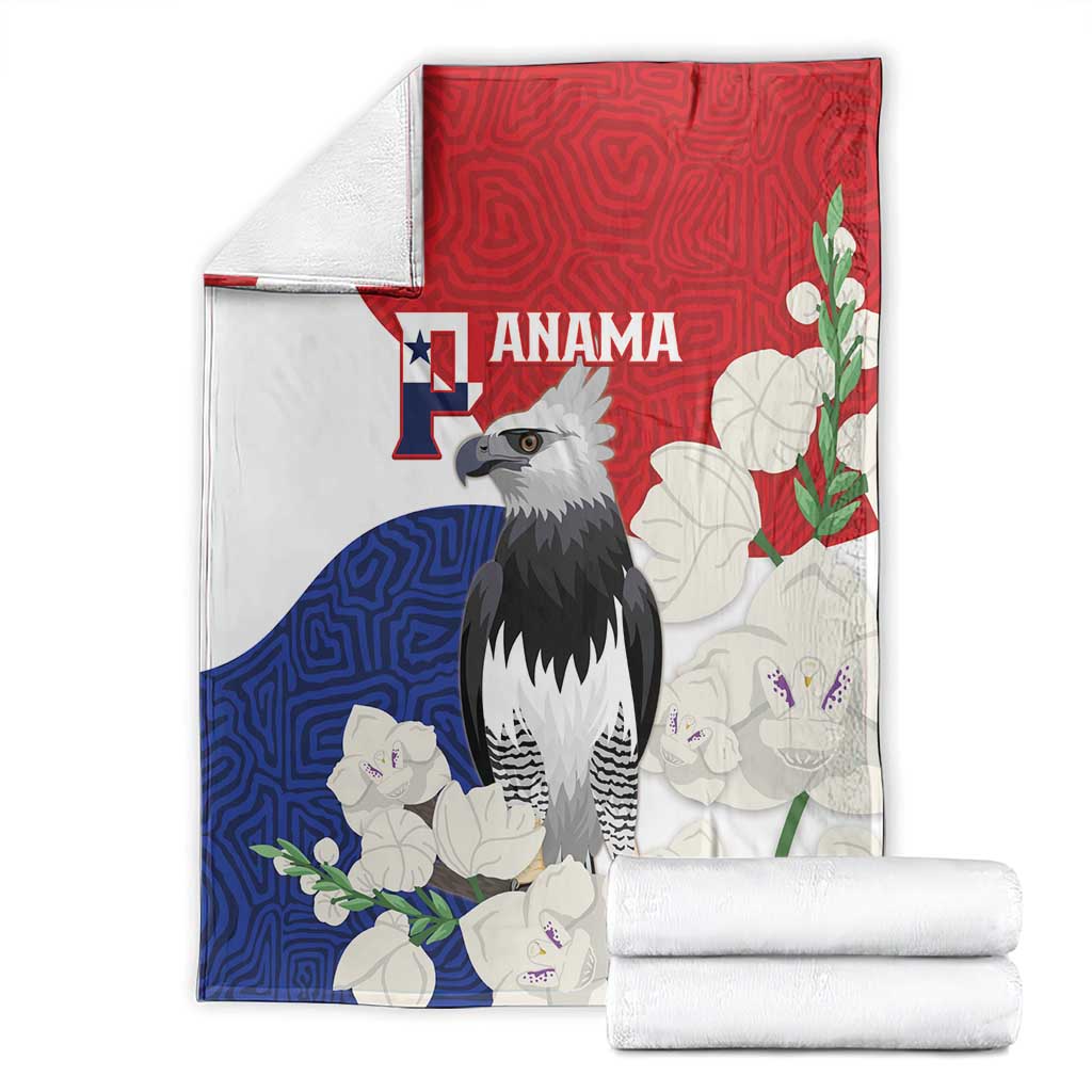 Flag-style throw blanket with harpy eagle, red blue white floral mola pattern, folded