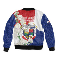 Blue, red & white bomber jacket, ribbed hem, back crest with eagle graphic