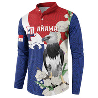 Red, blue and white button sweatshirt featuring eagle, Panama text, and flowers