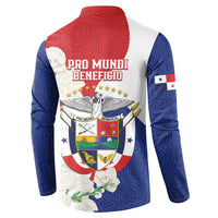 Red, blue and white button sweatshirt, back shows crest with “Pro Mundi Beneficio”