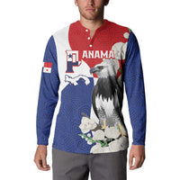 Red, blue and white button sweatshirt with large eagle graphic and Panama lettering