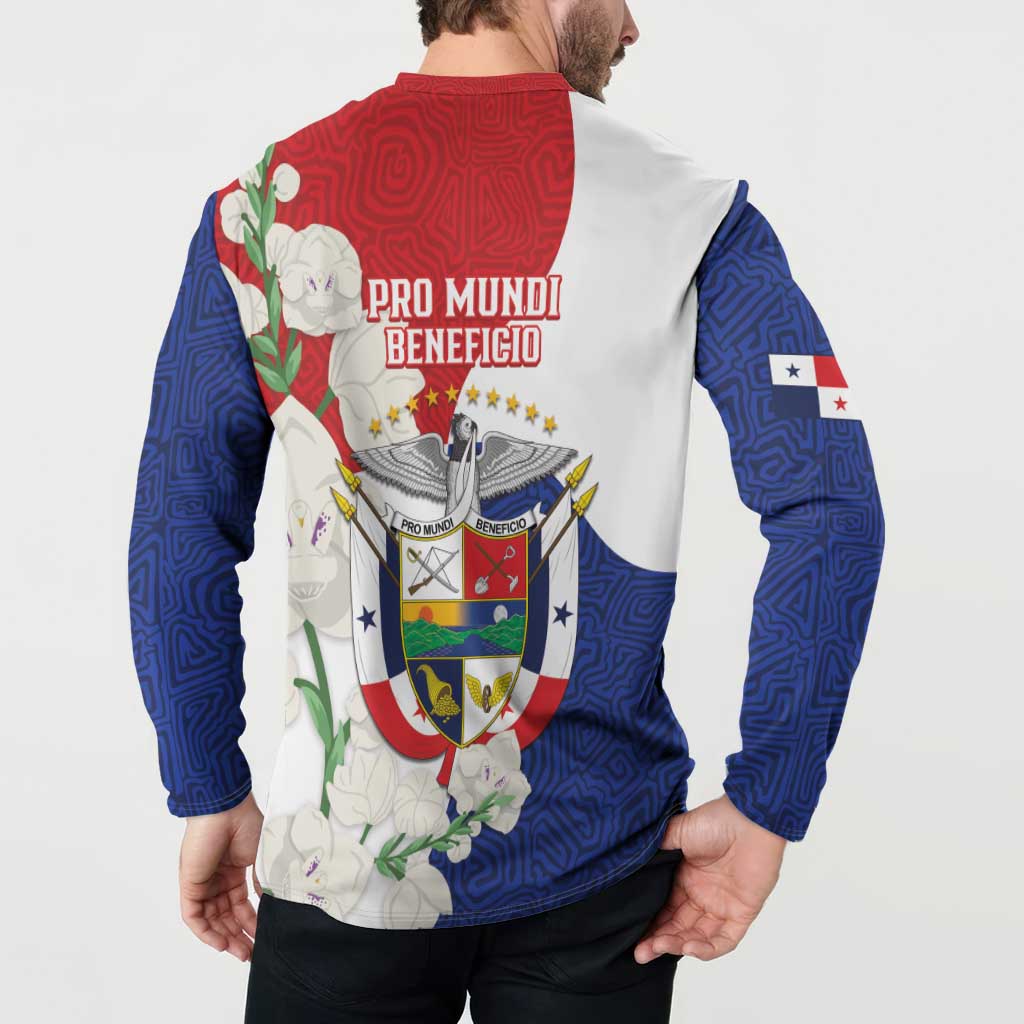 Red, blue and white button sweatshirt with back crest and floral accents