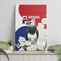 Canvas wall art with harpy eagle on red, blue and white background with flower motifs