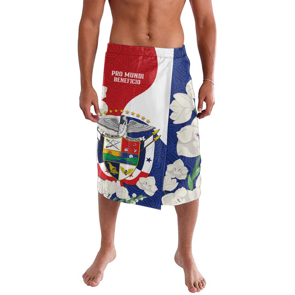 Red, white, and blue lavalava shorts with shield-style emblem and floral pattern