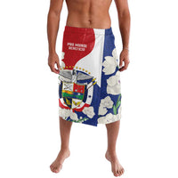 Red, white, and blue lavalava shorts with shield-style emblem and floral pattern