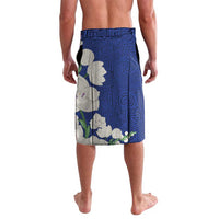 Blue lavalava shorts with white floral pattern and graphic border