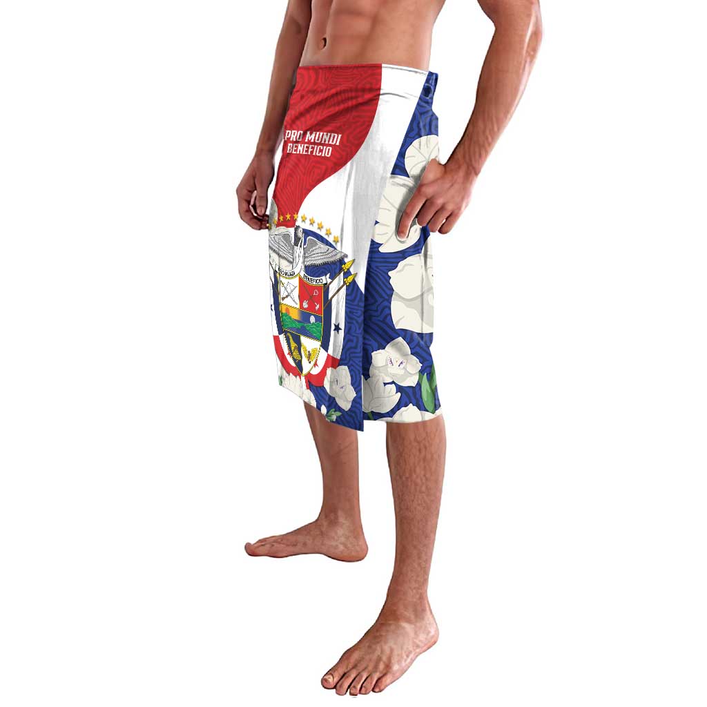 Red, white, and blue lavalava shorts with patchwork flag design and floral motifs