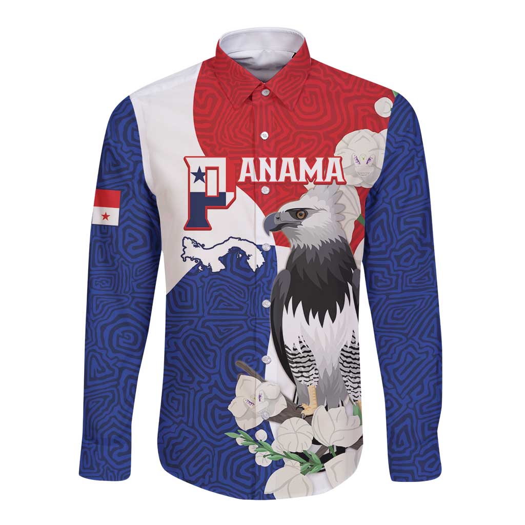 Long sleeve button shirt in red and blue with harpy eagle, white flowers, and geometric pattern