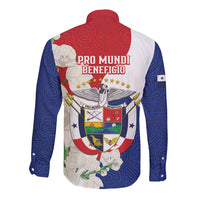 Long sleeve button shirt back print with crest, stars, red/blue geometric pattern, flowers