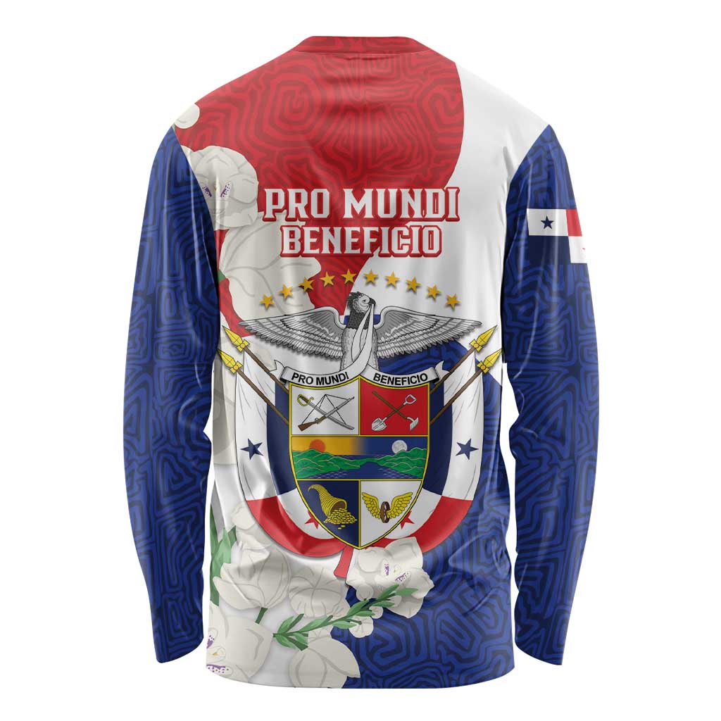 Back of red, white and blue long sleeve shirt with eagle, shield crest and stars