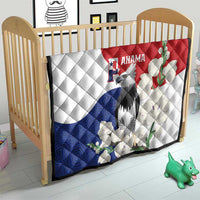 Baby quilt blanket with quilted panels, white/red/blue; harpy eagle and floral vines