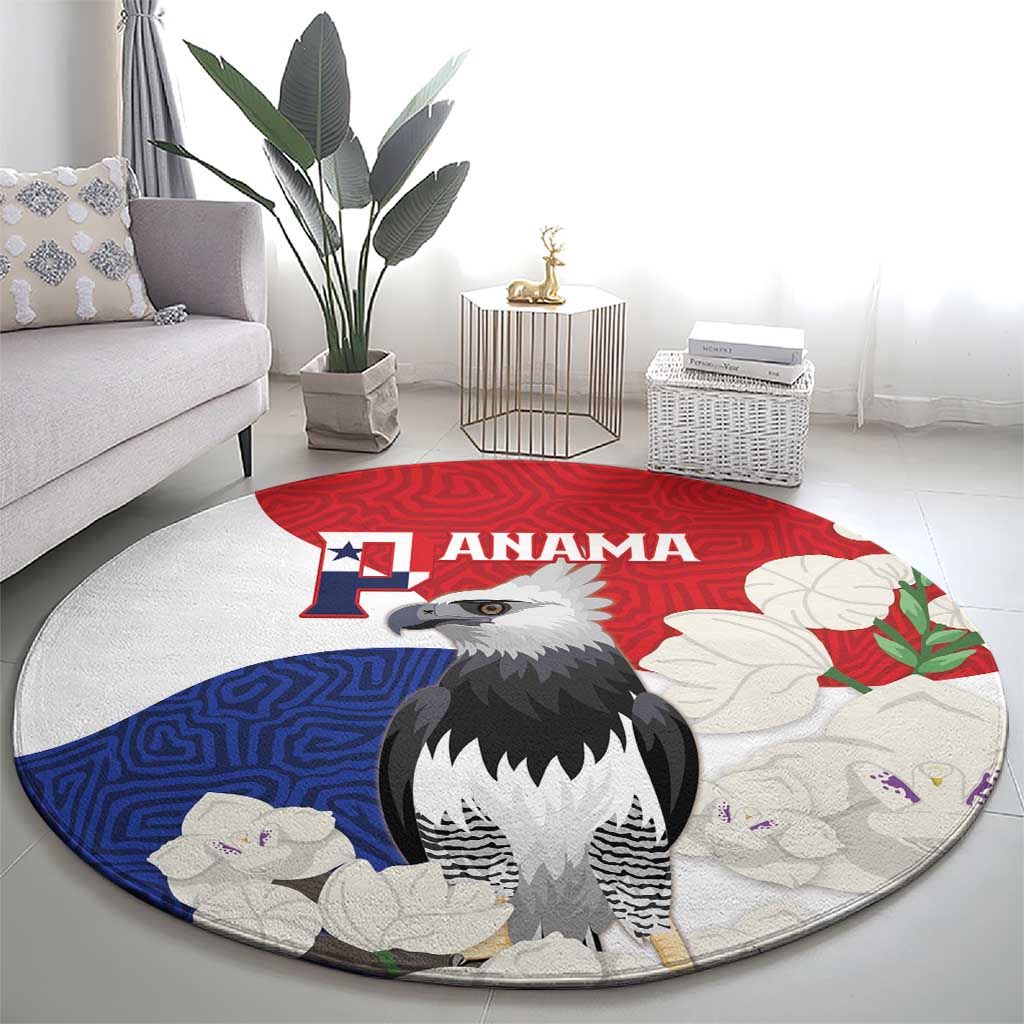 Round harpy eagle rug with Panama flag look, red top, blue bottom, and white leaf details