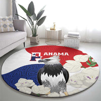 Round harpy eagle rug with Panama flag look, red top, blue bottom, and white leaf details